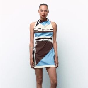 Zara Blue and Brown Halter Mini Dress